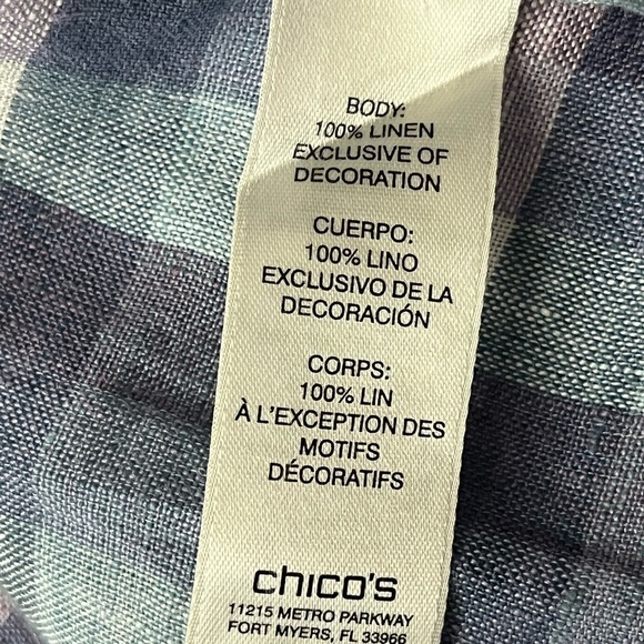 Chicos Crochet-Detail Gingham Linen Popover Top Beach Boho Modest Mature Prep 0 - Picture 8 of 10